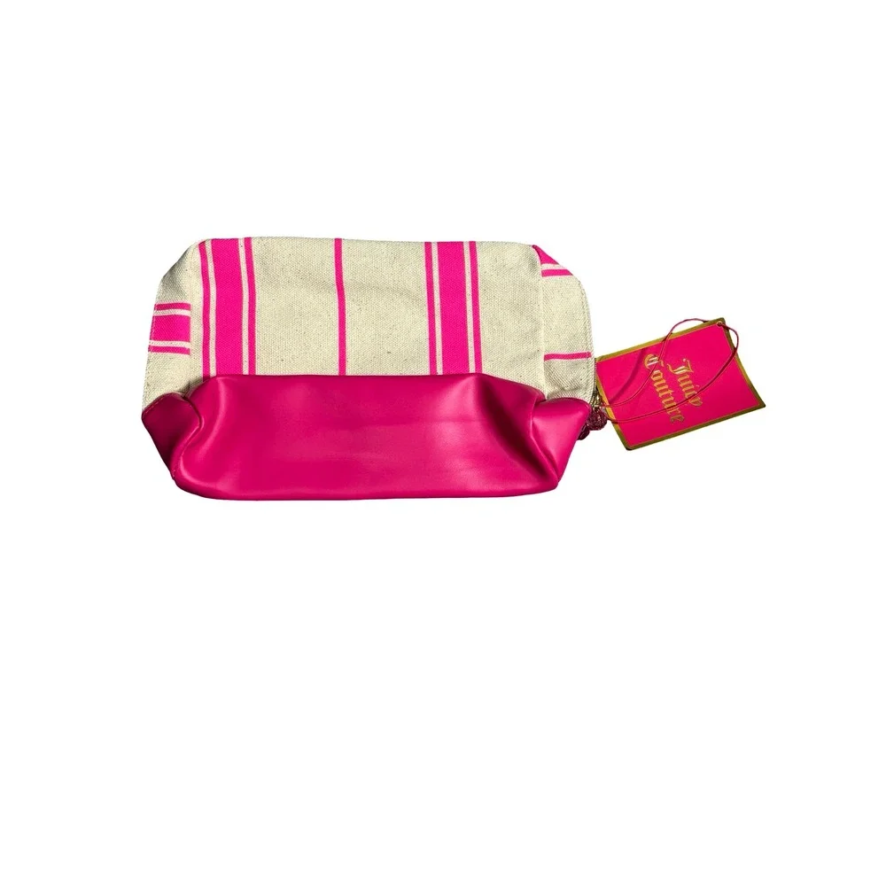 Juicy Couture Pink Striped Canvas Makeup Bag Gold Glitter Logo NWT Large